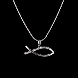Kette & Anhänger "christlicher Fisch" 925er Sterlingsilber, rhodiniert, Zirkonia weiß
