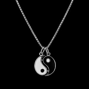 925er Sterlingsilber Kette & Anhänger Ying & Yang, rhodiniert, emailliert