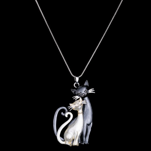 Anhänger zwei Katzen, Modeschmuck, imit. Rhod., extra lange Kette, Kettenband, nickelfrei, Mahlschatz
